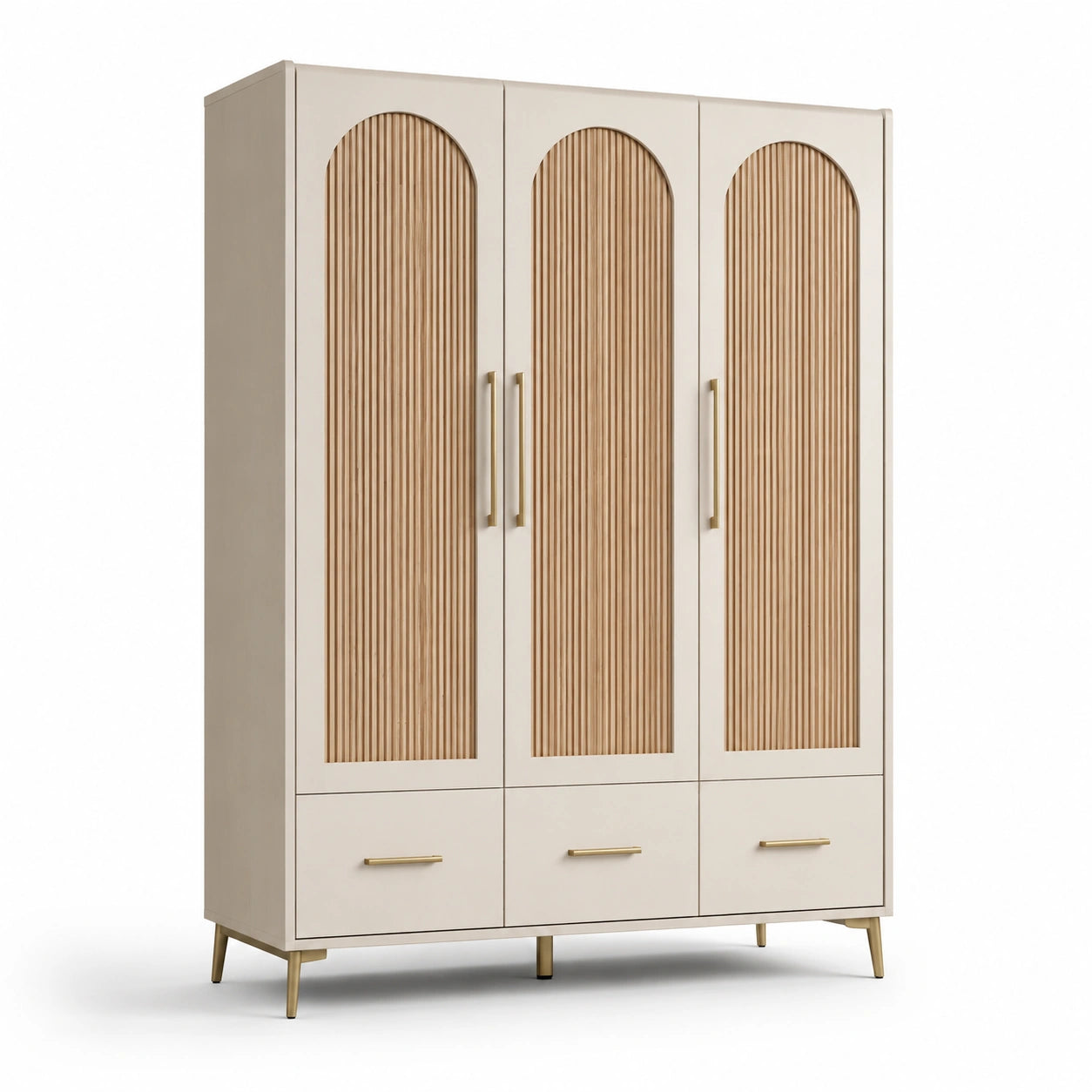 Guardaroba a tre ante in legno e metallo beige e naturale