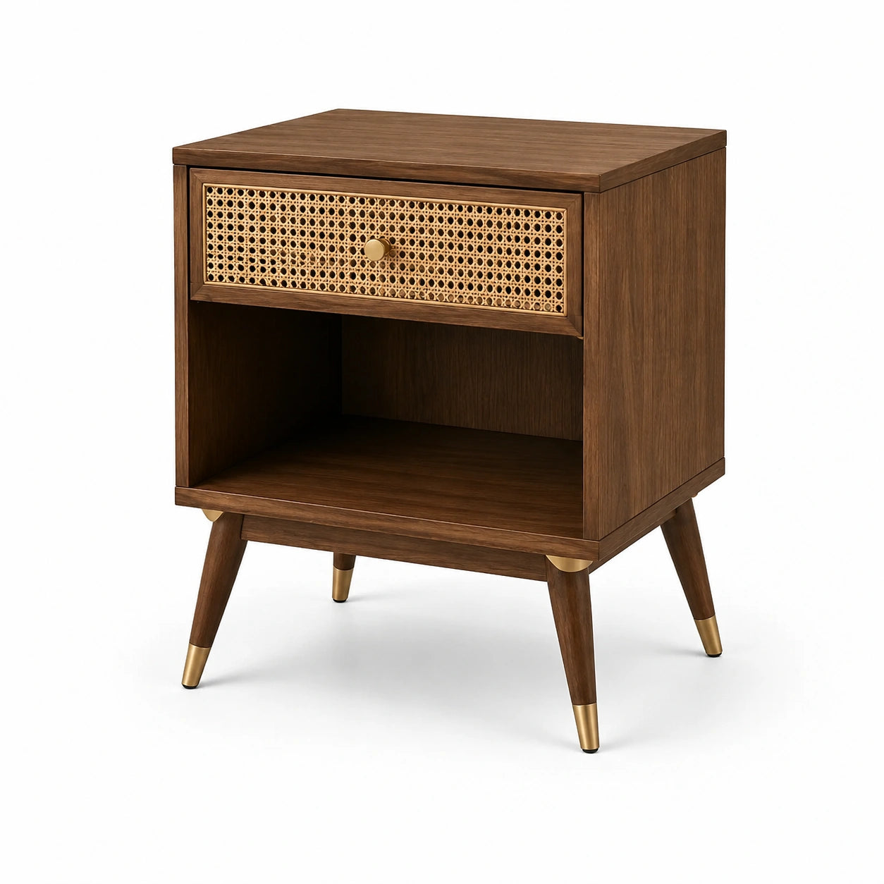 Comodino in legno marrone con cassetto in rattan e finiture in ottone