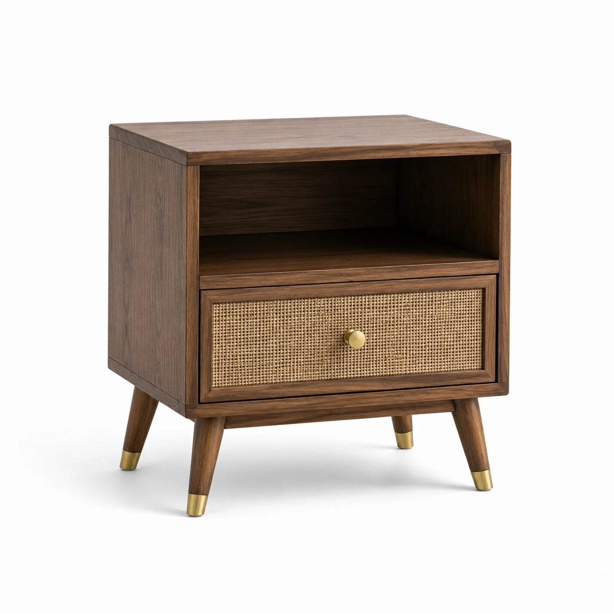 Comodino in legno e rattan marrone con cassetto