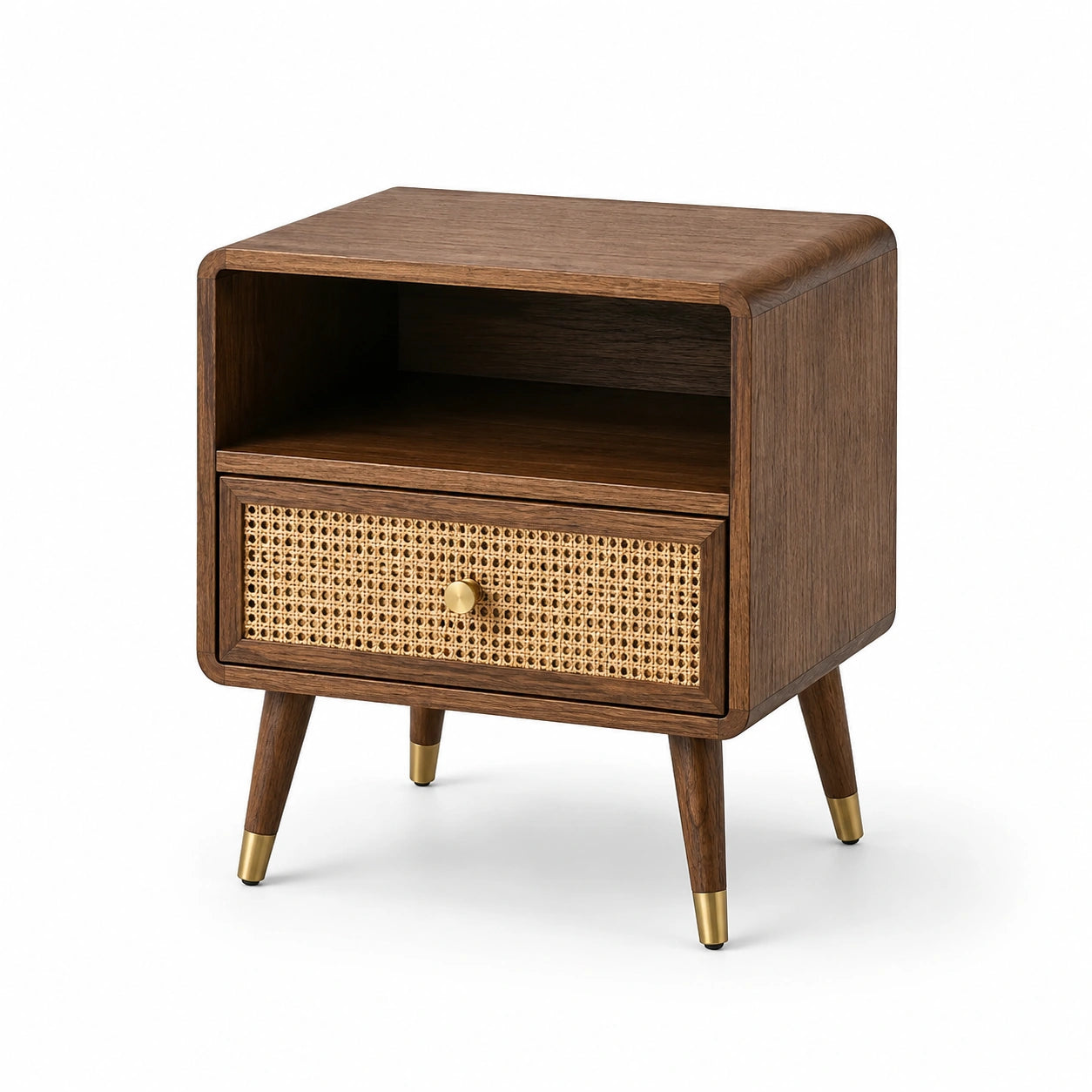 Comodino in Legno con Cassetto in Rattan e Inserti Dorati