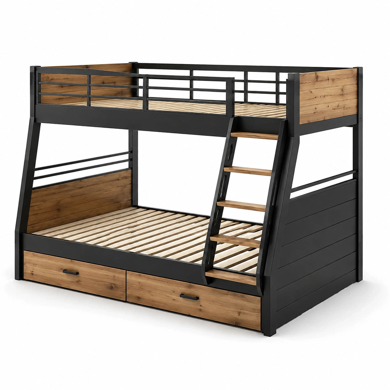 Letto a castello in metallo nero e legno con cassetti e scaletta