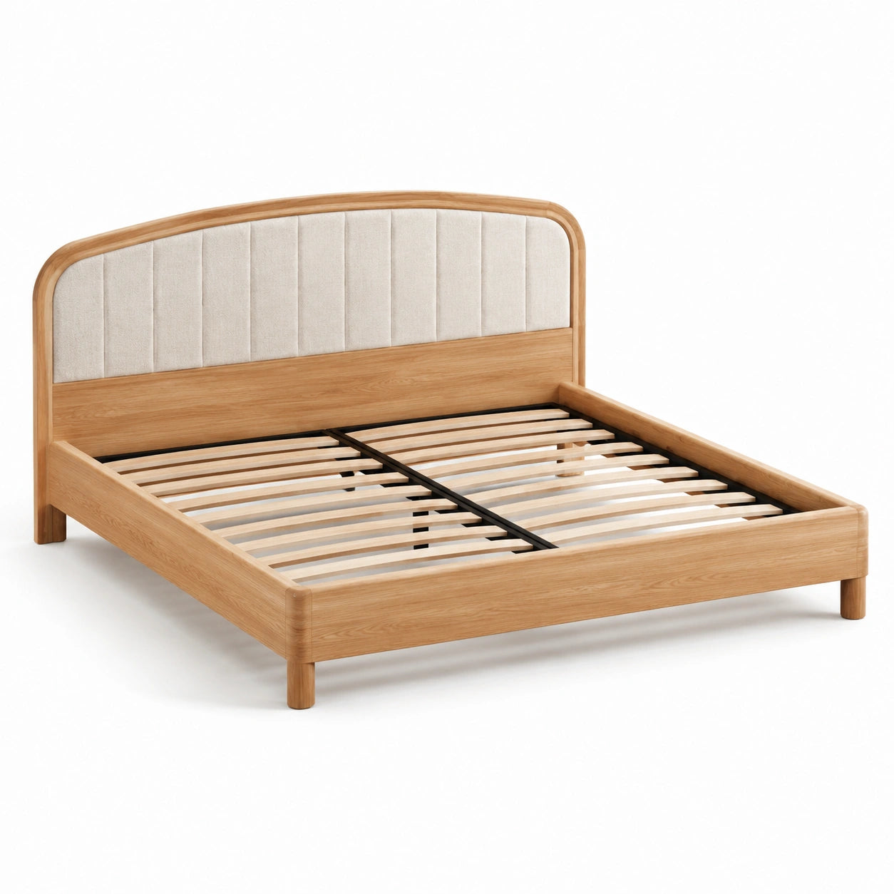 Letto matrimoniale in legno con testiera imbottita in tessuto poliestere beige 160x200 cm