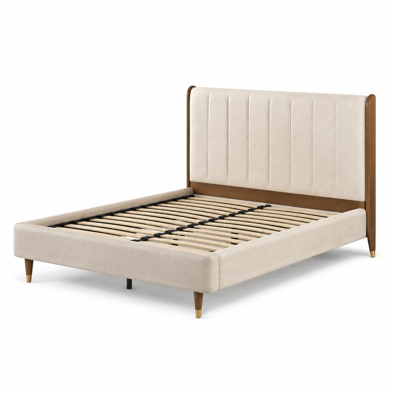 Letto matrimoniale in legno e tessuto beige