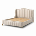 Letto matrimoniale in tessuto vellutato beige con struttura in legno di abete