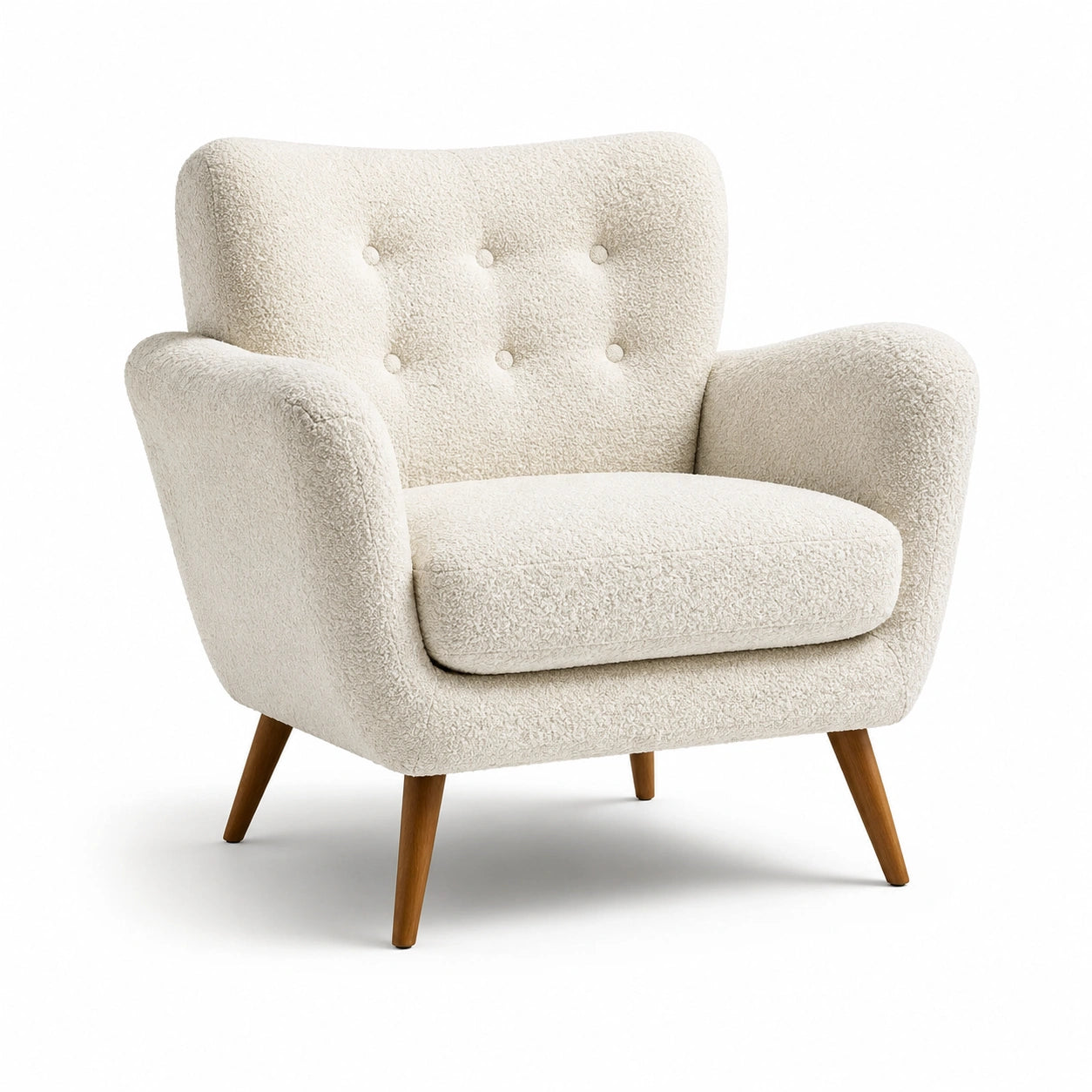 Poltrona in tessuto bouclé beige con gambe in legno