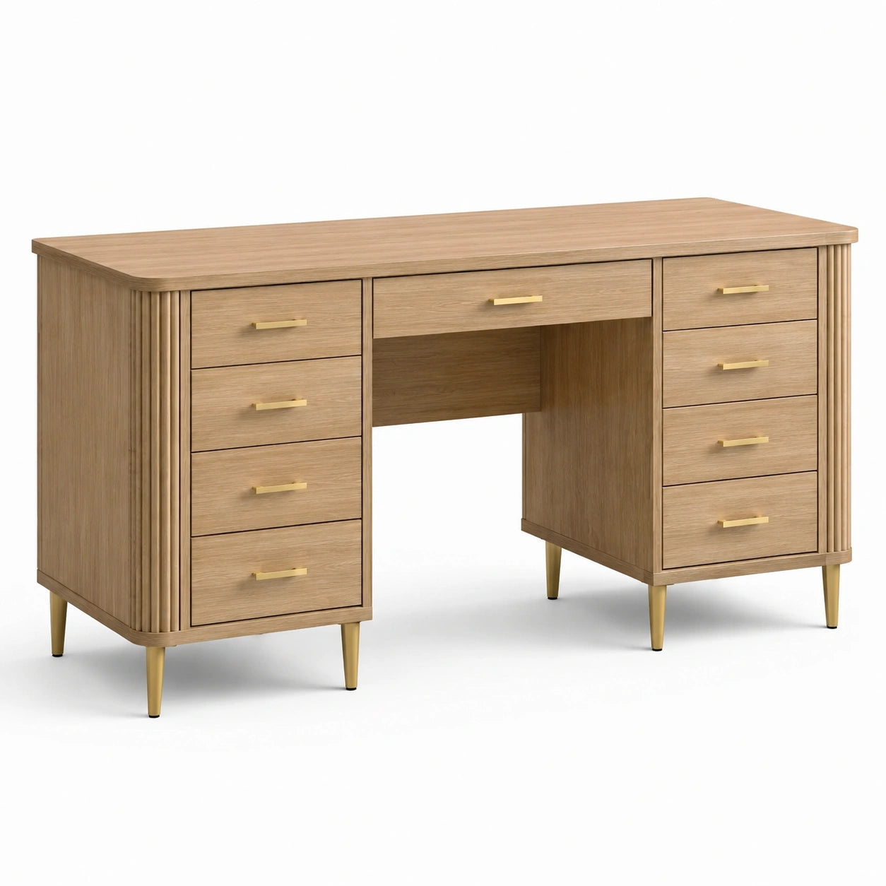 Scrivania in legno con cassetti e gambe in metallo dorato