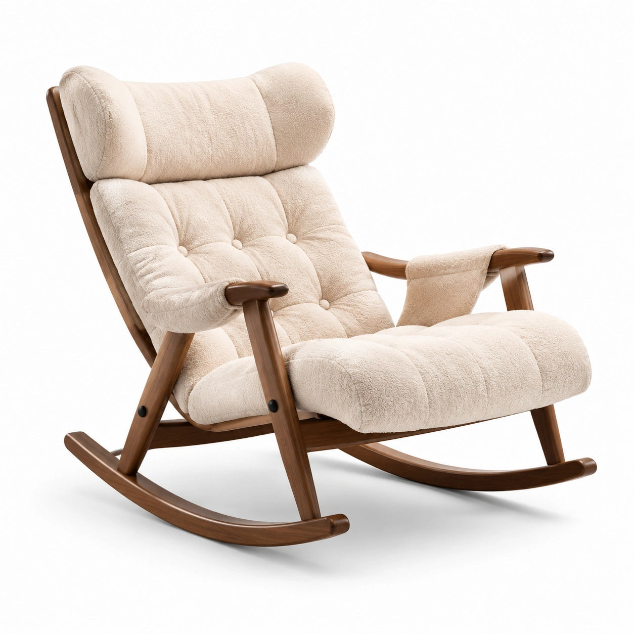 Sedia a dondolo in legno con rivestimento in tessuto beige