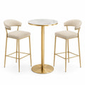 Set da bar con tavolo tondo in marmo e sedie in tessuto beige e metallo dorato