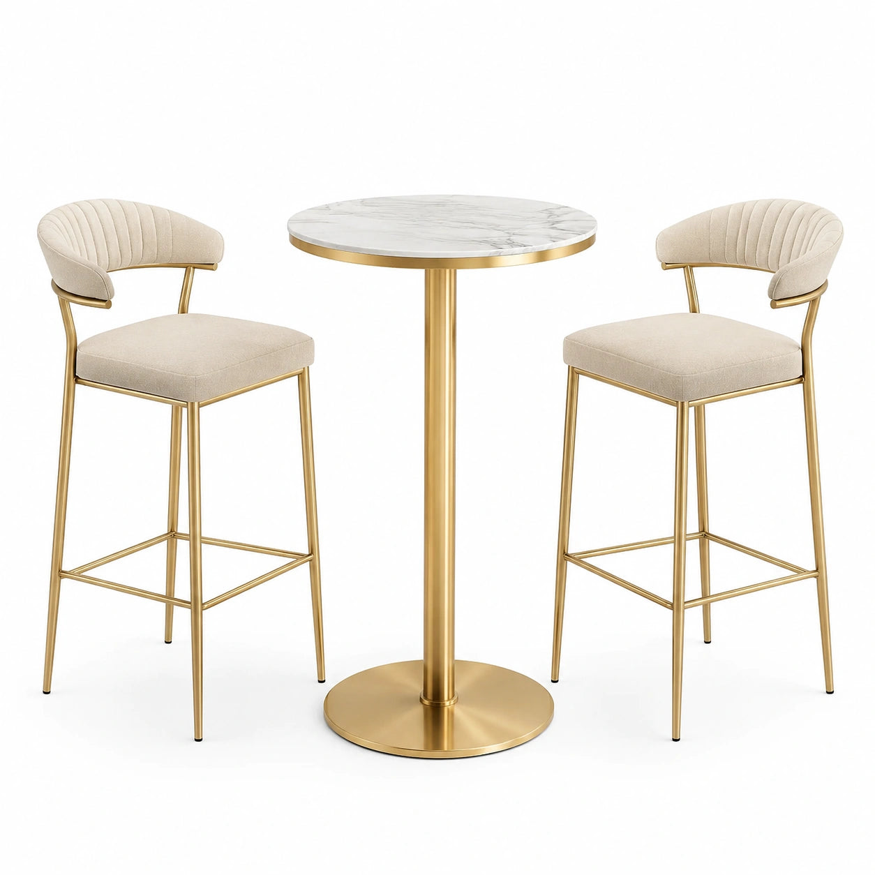 Set da bar con tavolo tondo in marmo e sedie in tessuto beige e metallo dorato