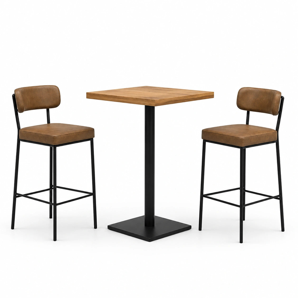 Set da bar in legno chiaro e similpelle marrone con struttura in metallo nero
