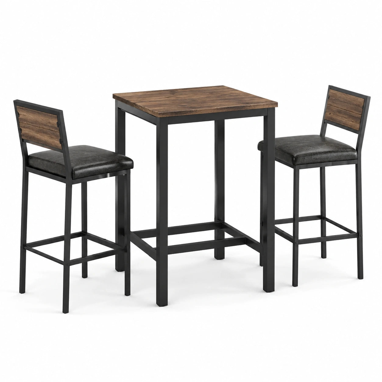 Set da bar in legno e metallo con tavolo quadrato e sedie in similpelle