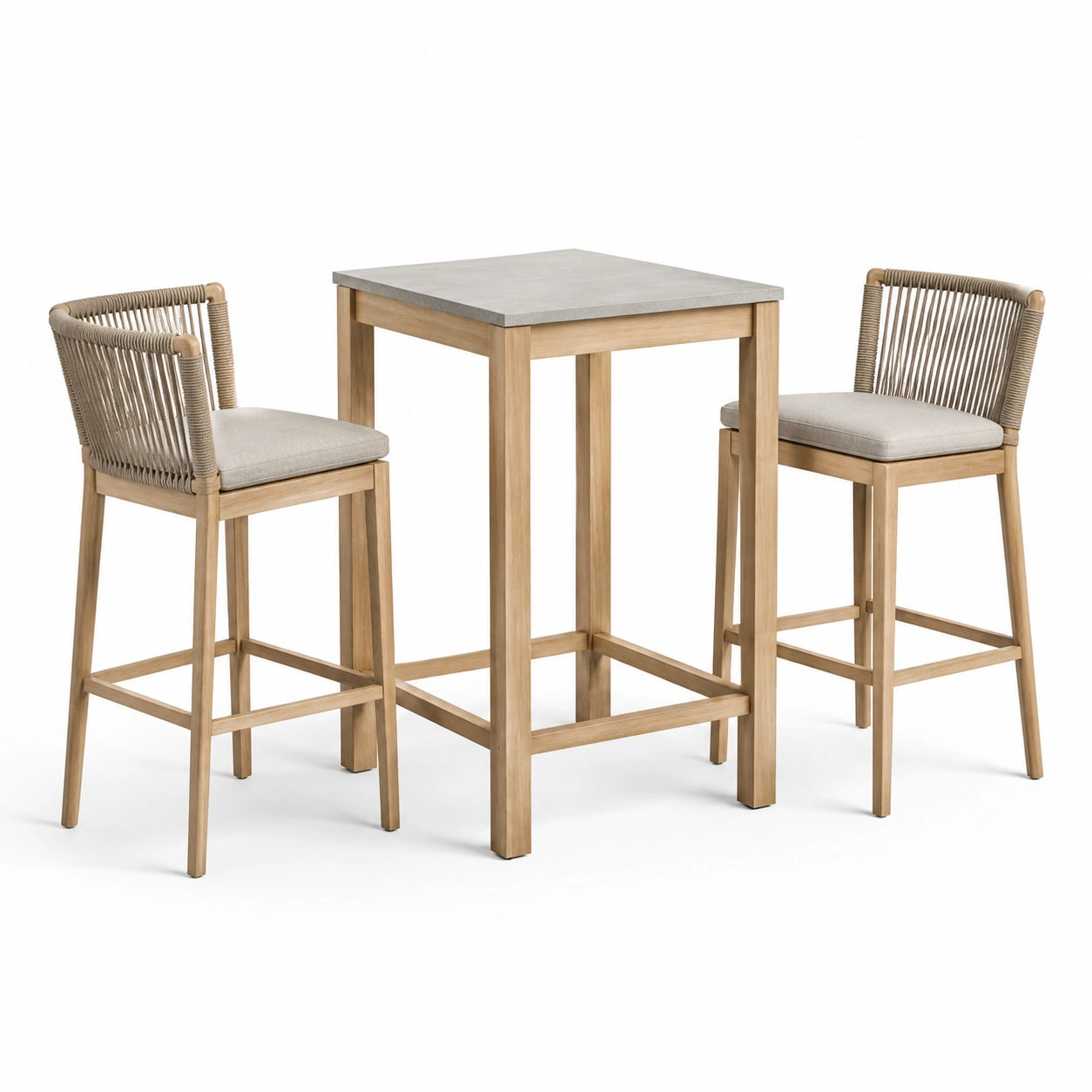 Set da bar in legno con tavolo quadrato e sgabelli in tessuto beige